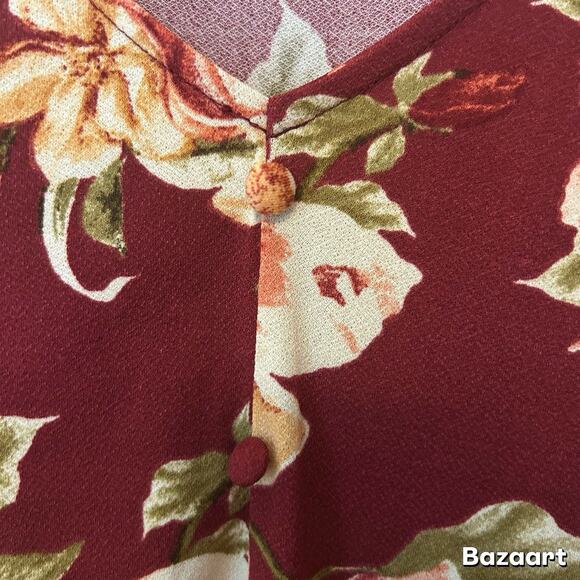 Flower & Feather Maroon Blouse Floral Print V Neck Puffy Sleeve Buttons Women L - Picture 4 of 6